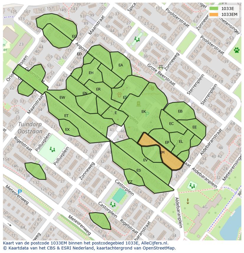 Afbeelding van het postcodegebied 1033 EM op de kaart.