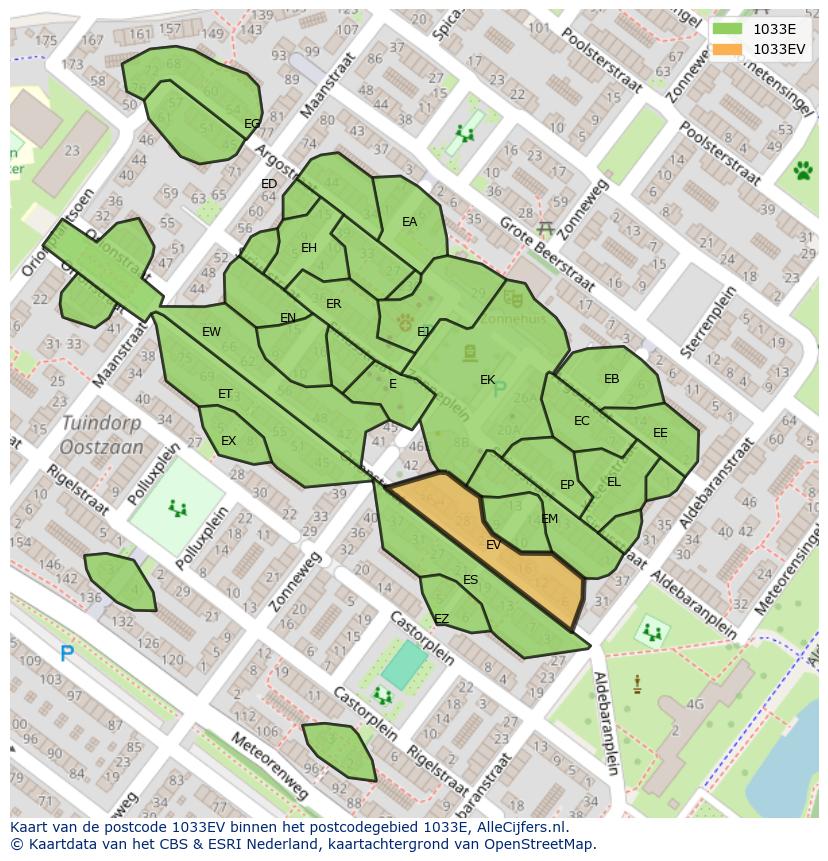 Afbeelding van het postcodegebied 1033 EV op de kaart.