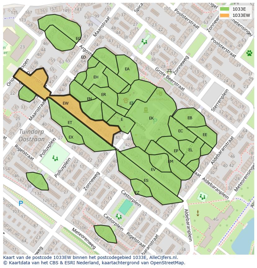 Afbeelding van het postcodegebied 1033 EW op de kaart.