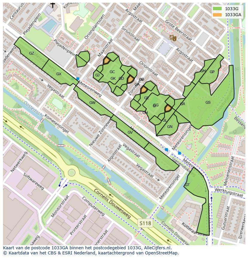 Afbeelding van het postcodegebied 1033 GA op de kaart.