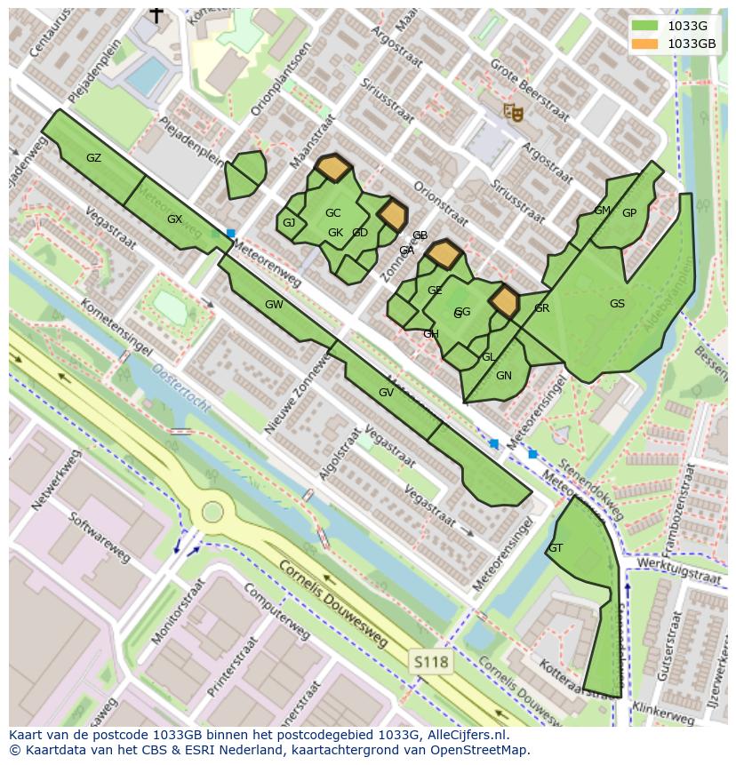 Afbeelding van het postcodegebied 1033 GB op de kaart.