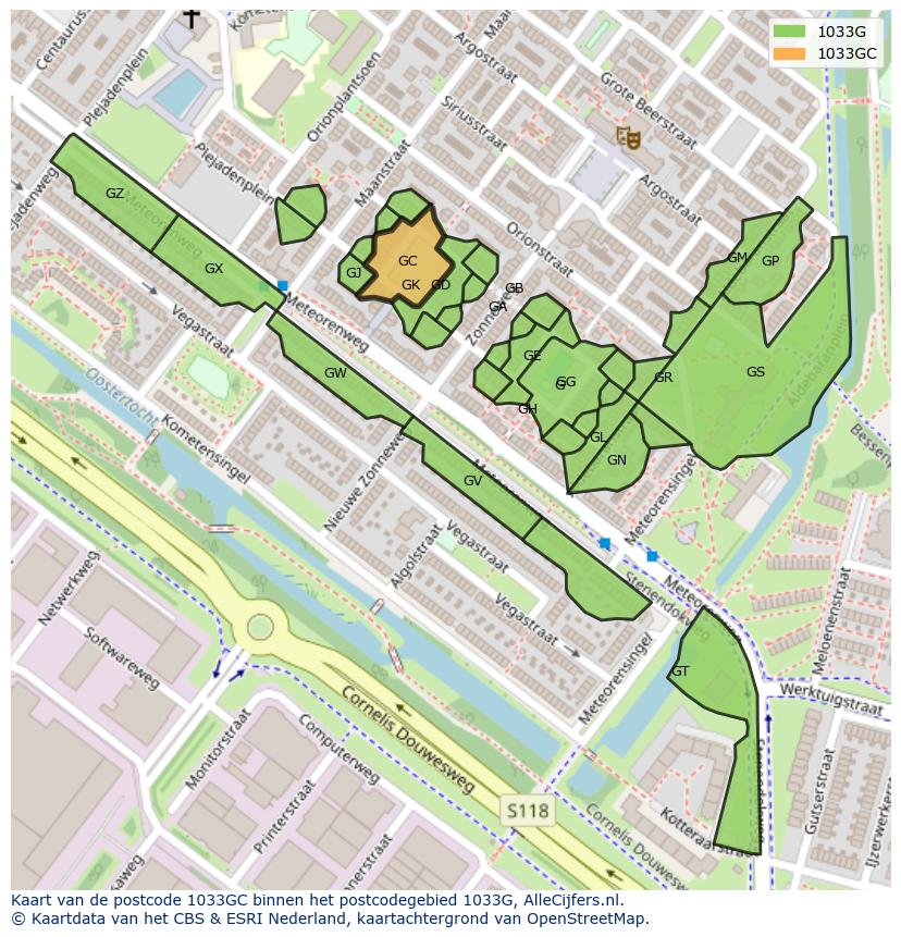 Afbeelding van het postcodegebied 1033 GC op de kaart.