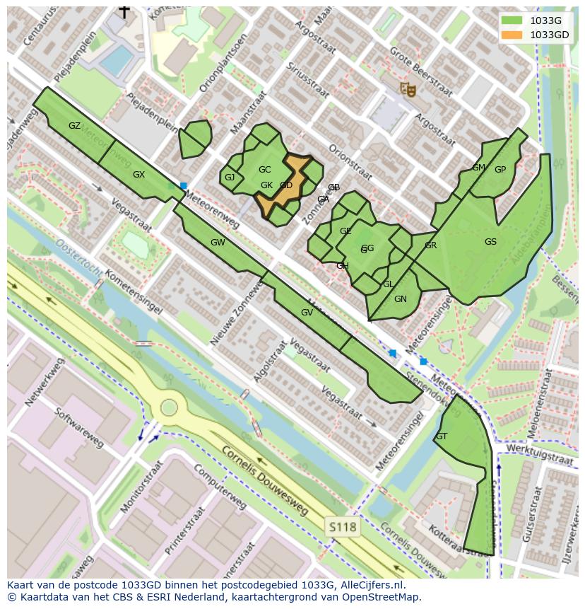 Afbeelding van het postcodegebied 1033 GD op de kaart.