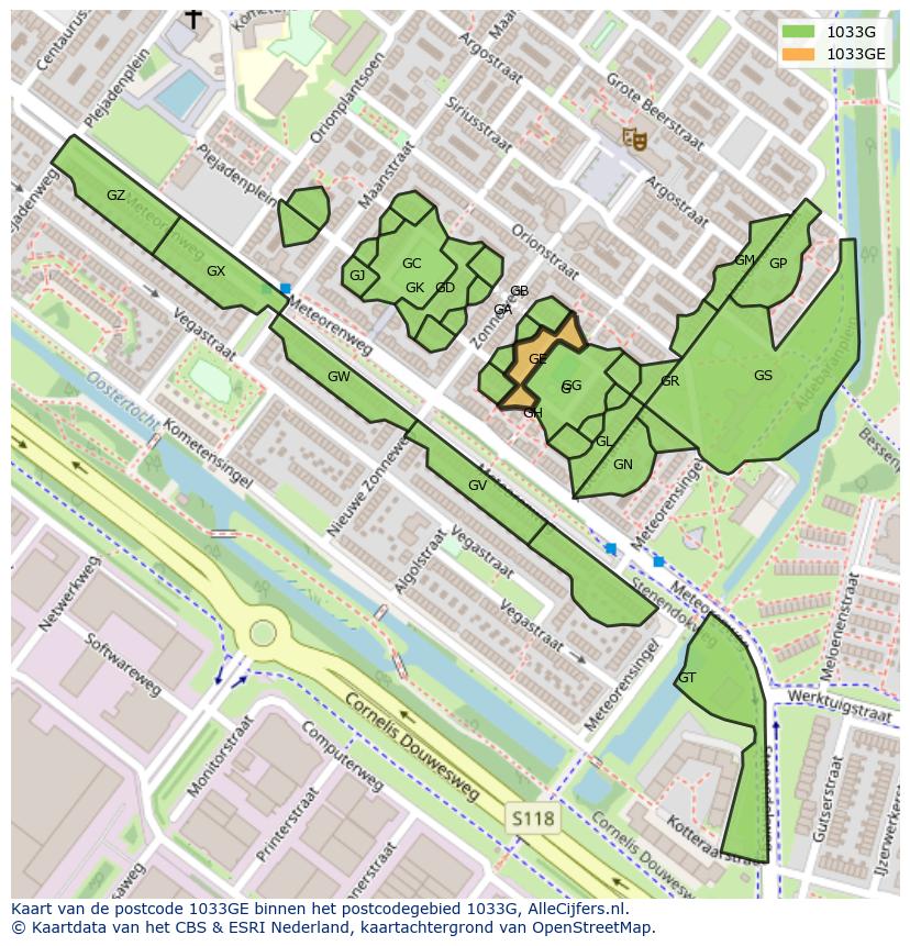 Afbeelding van het postcodegebied 1033 GE op de kaart.
