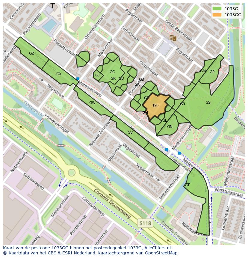 Afbeelding van het postcodegebied 1033 GG op de kaart.
