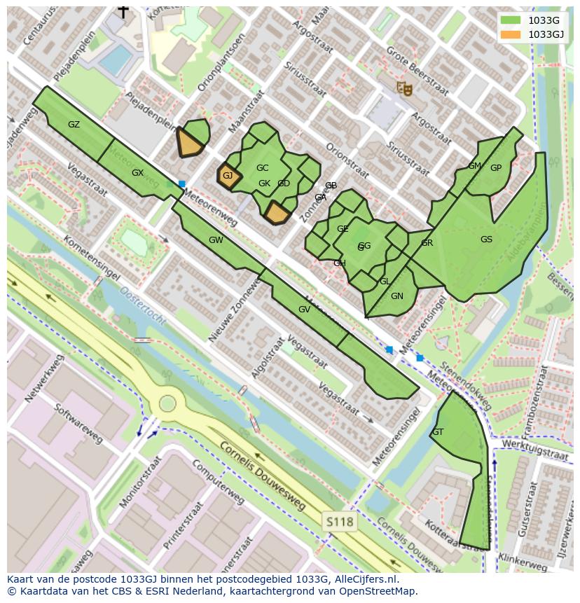 Afbeelding van het postcodegebied 1033 GJ op de kaart.