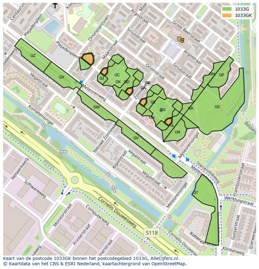 Afbeelding van het postcodegebied 1033 GK op de kaart.