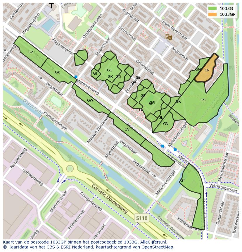 Afbeelding van het postcodegebied 1033 GP op de kaart.