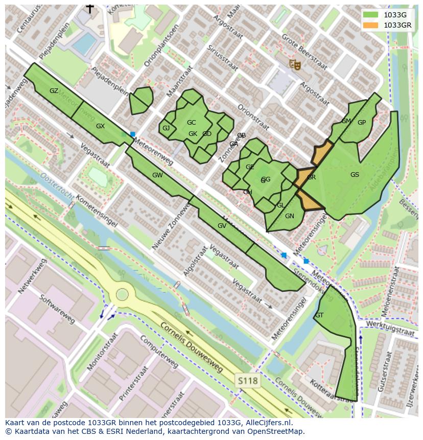 Afbeelding van het postcodegebied 1033 GR op de kaart.
