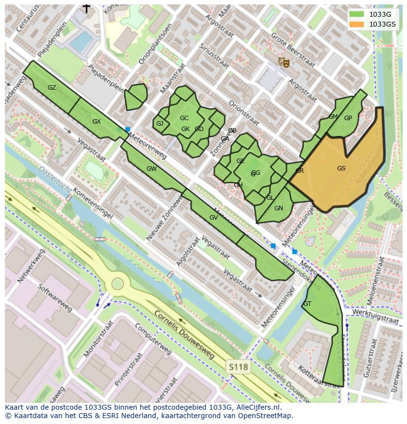 Afbeelding van het postcodegebied 1033 GS op de kaart.