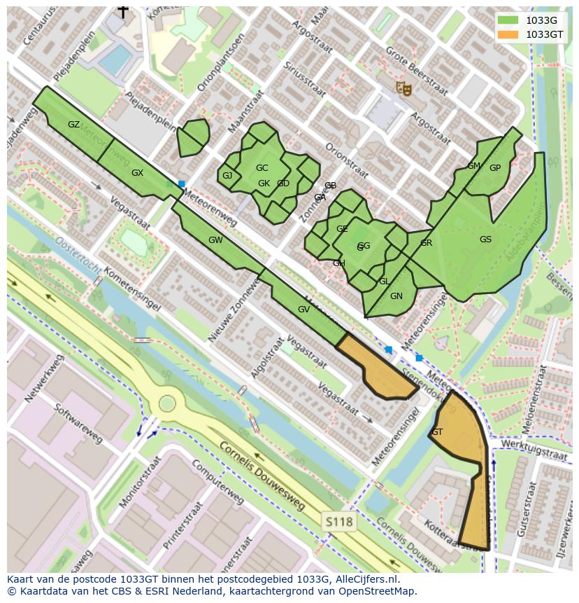 Afbeelding van het postcodegebied 1033 GT op de kaart.