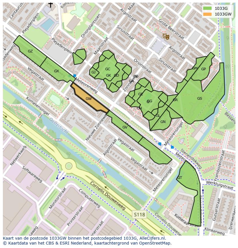 Afbeelding van het postcodegebied 1033 GW op de kaart.