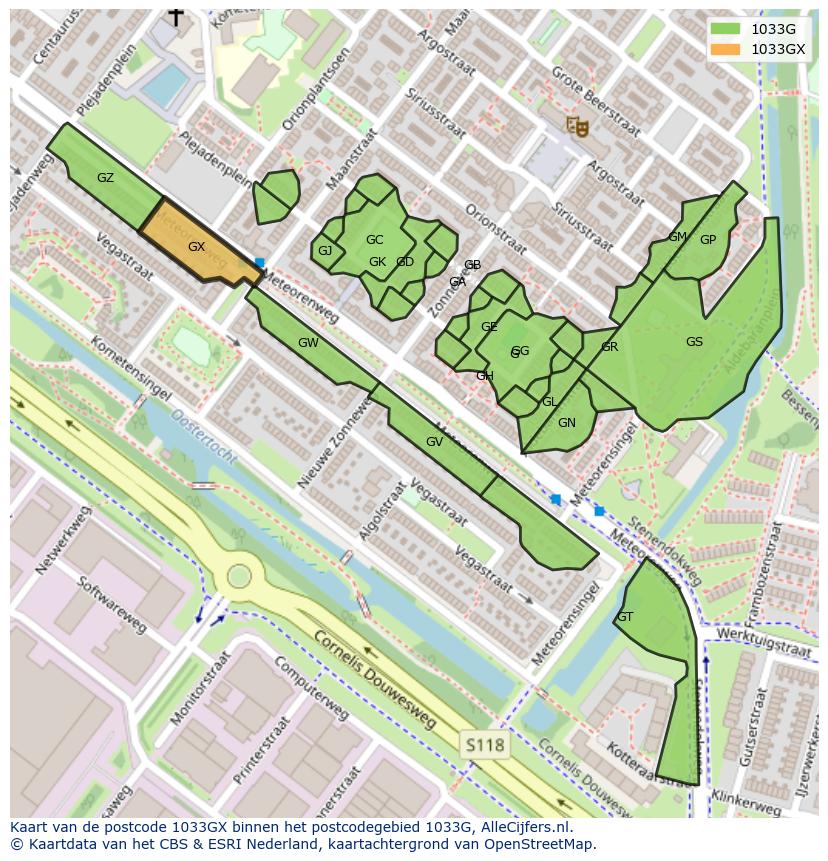 Afbeelding van het postcodegebied 1033 GX op de kaart.