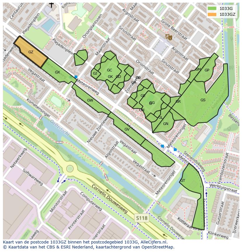 Afbeelding van het postcodegebied 1033 GZ op de kaart.