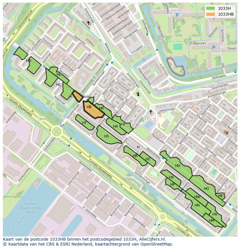 Afbeelding van het postcodegebied 1033 HB op de kaart.