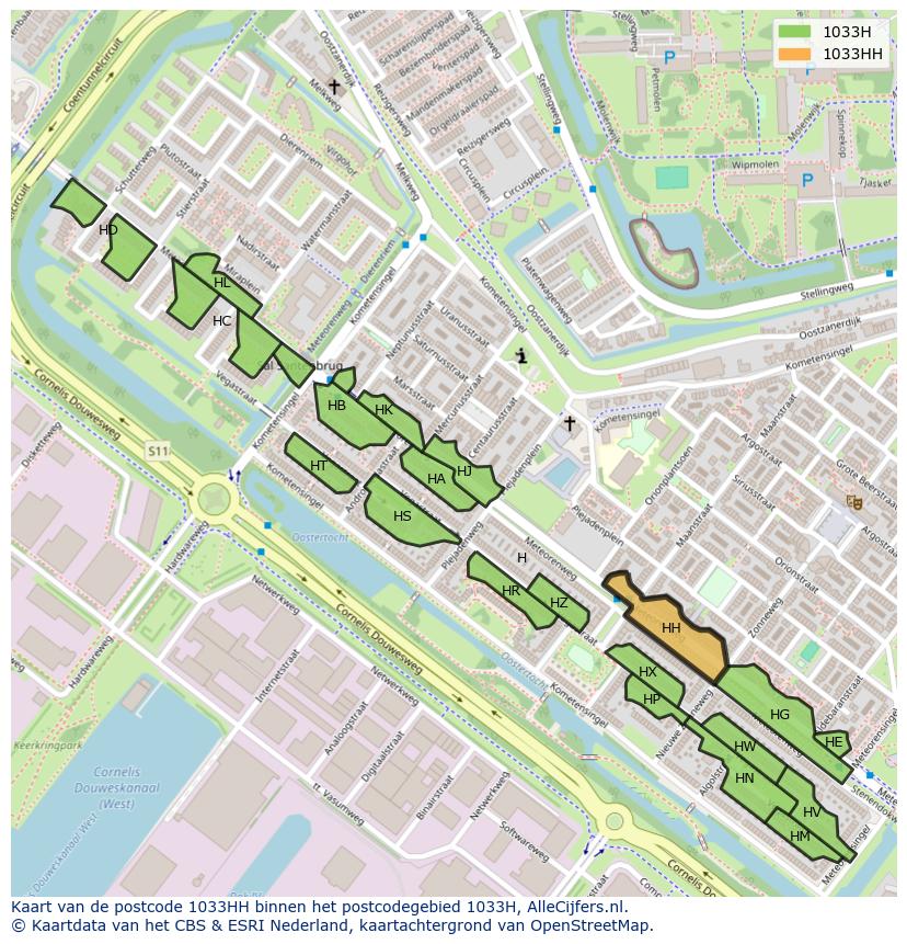 Afbeelding van het postcodegebied 1033 HH op de kaart.