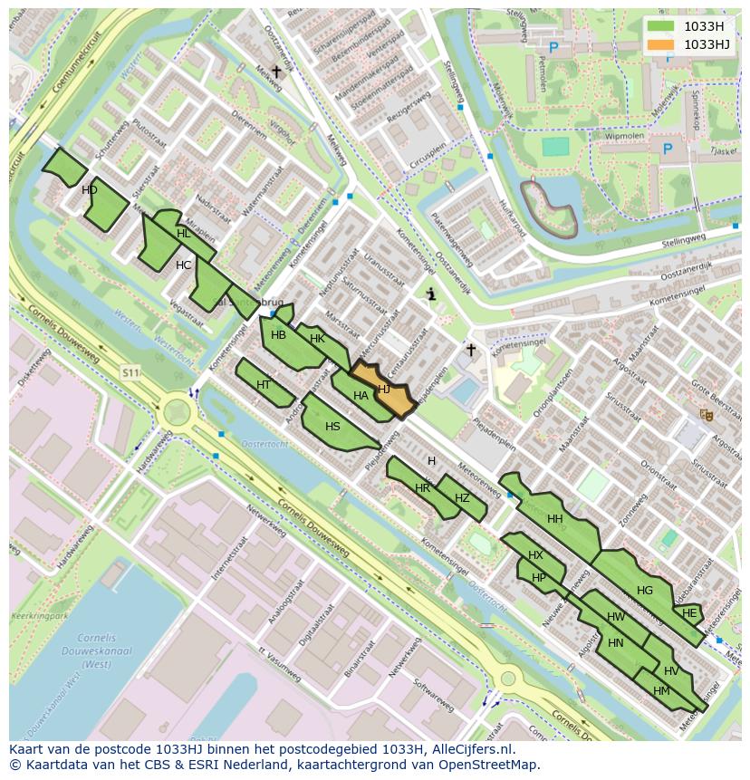 Afbeelding van het postcodegebied 1033 HJ op de kaart.