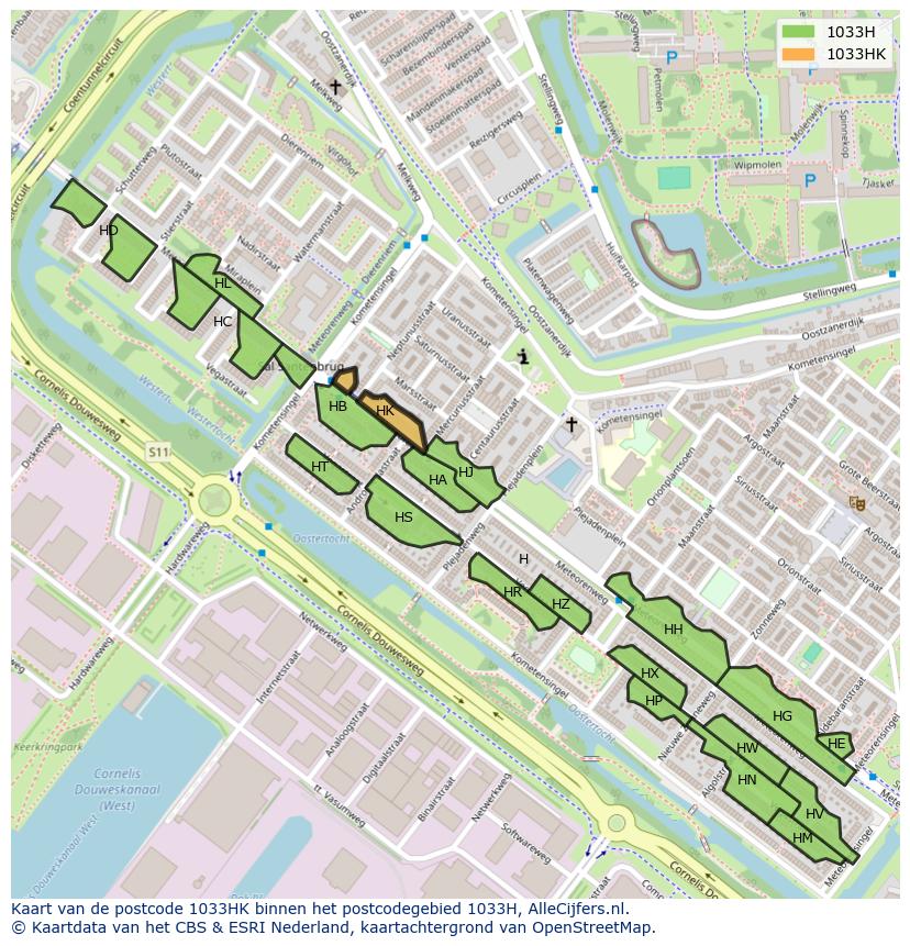Afbeelding van het postcodegebied 1033 HK op de kaart.