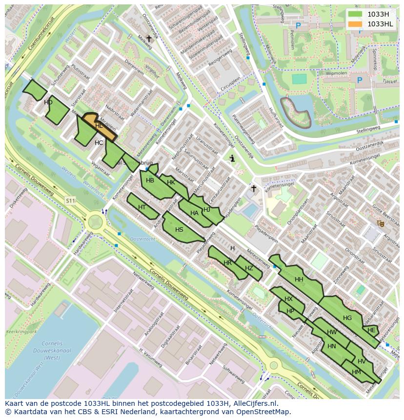 Afbeelding van het postcodegebied 1033 HL op de kaart.