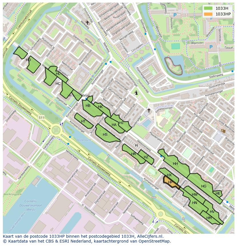 Afbeelding van het postcodegebied 1033 HP op de kaart.