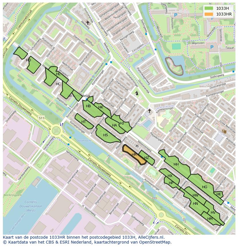 Afbeelding van het postcodegebied 1033 HR op de kaart.
