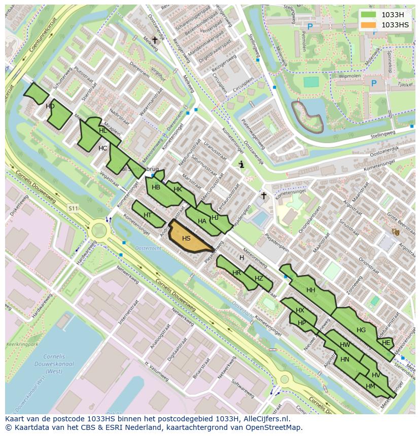 Afbeelding van het postcodegebied 1033 HS op de kaart.