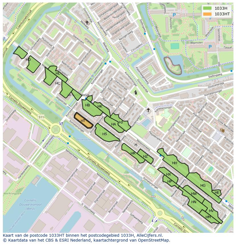 Afbeelding van het postcodegebied 1033 HT op de kaart.