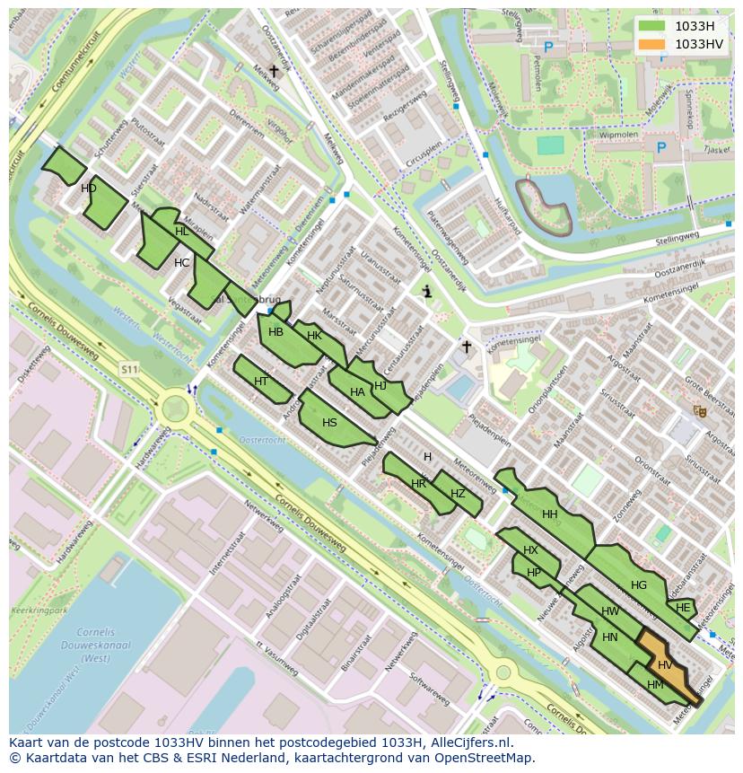 Afbeelding van het postcodegebied 1033 HV op de kaart.
