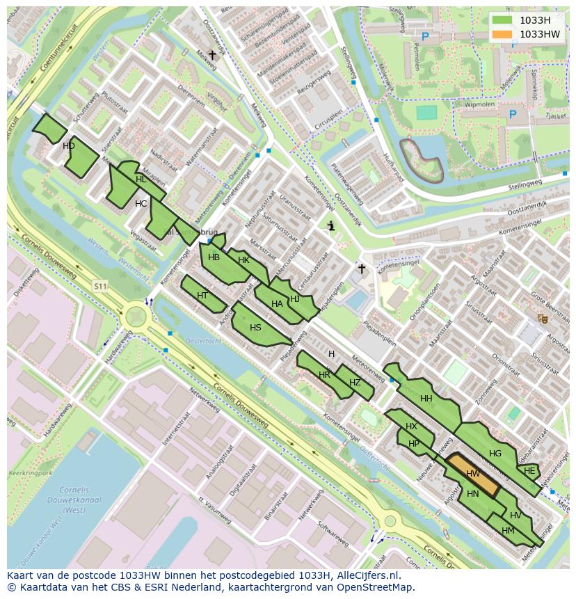 Afbeelding van het postcodegebied 1033 HW op de kaart.