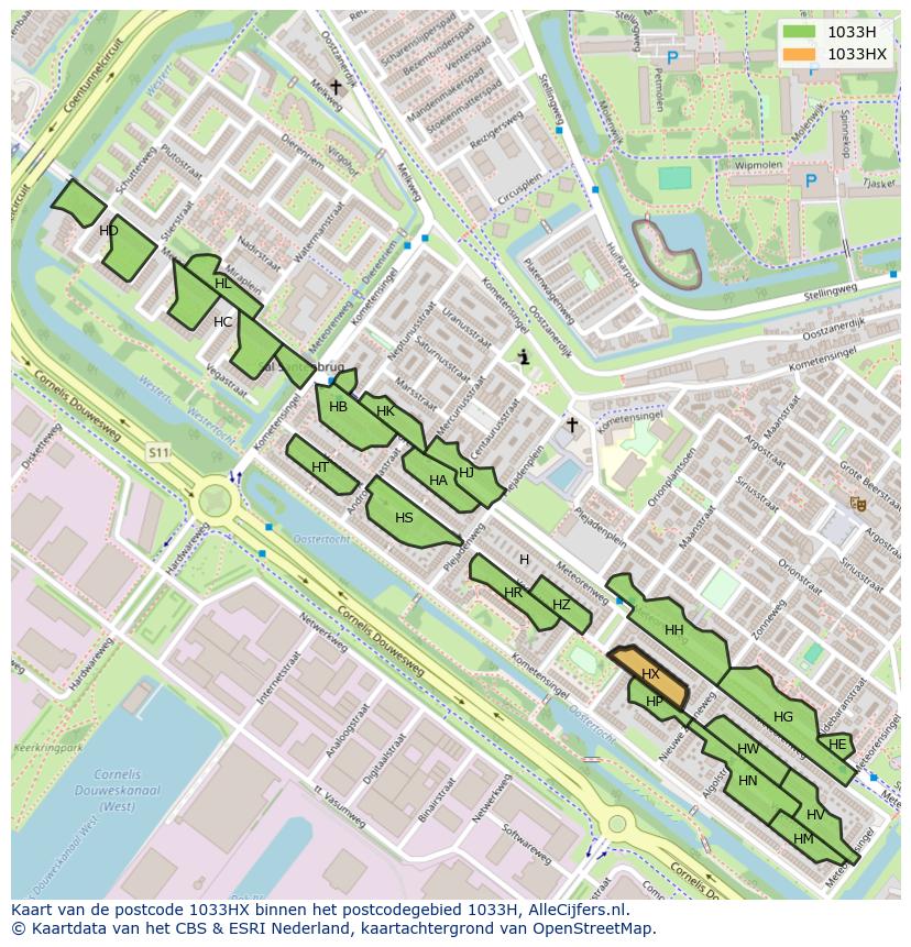 Afbeelding van het postcodegebied 1033 HX op de kaart.