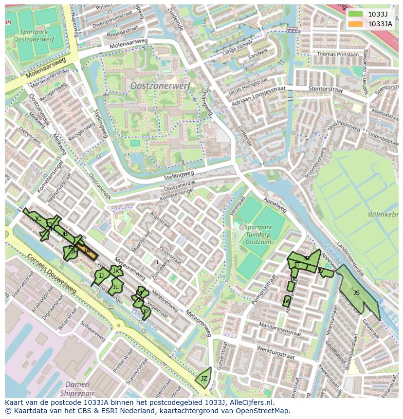 Afbeelding van het postcodegebied 1033 JA op de kaart.