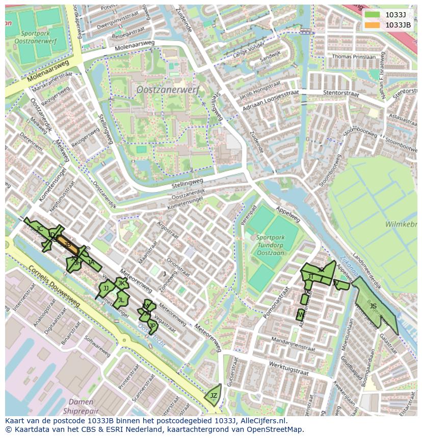 Afbeelding van het postcodegebied 1033 JB op de kaart.