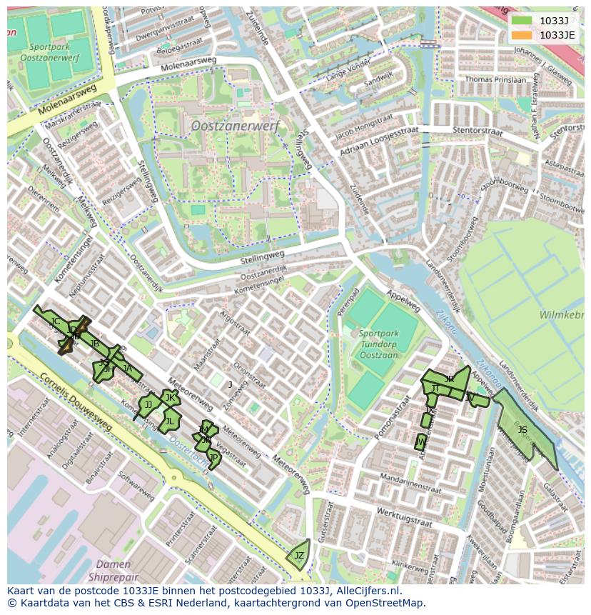 Afbeelding van het postcodegebied 1033 JE op de kaart.