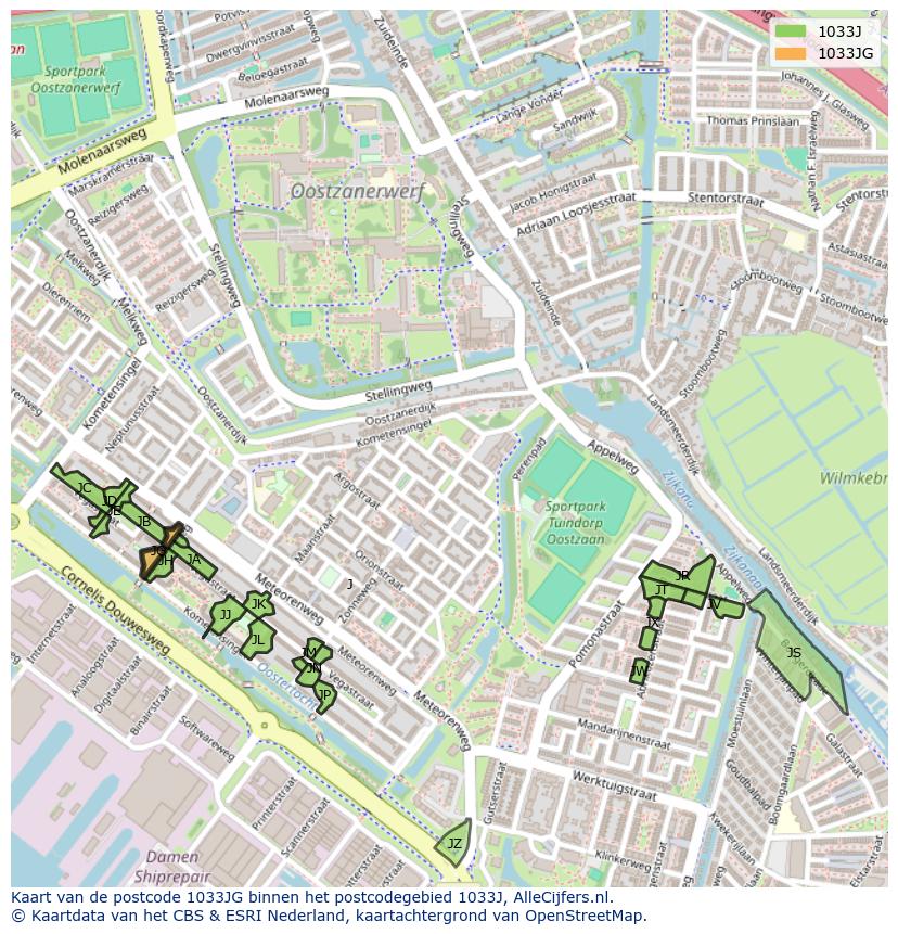 Afbeelding van het postcodegebied 1033 JG op de kaart.
