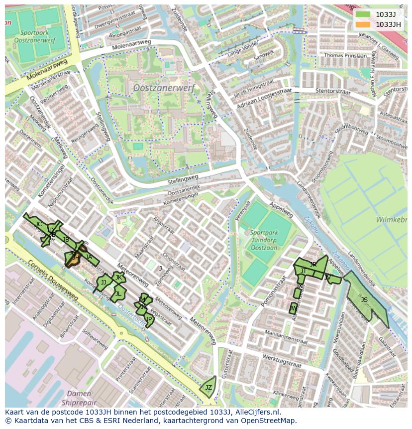 Afbeelding van het postcodegebied 1033 JH op de kaart.