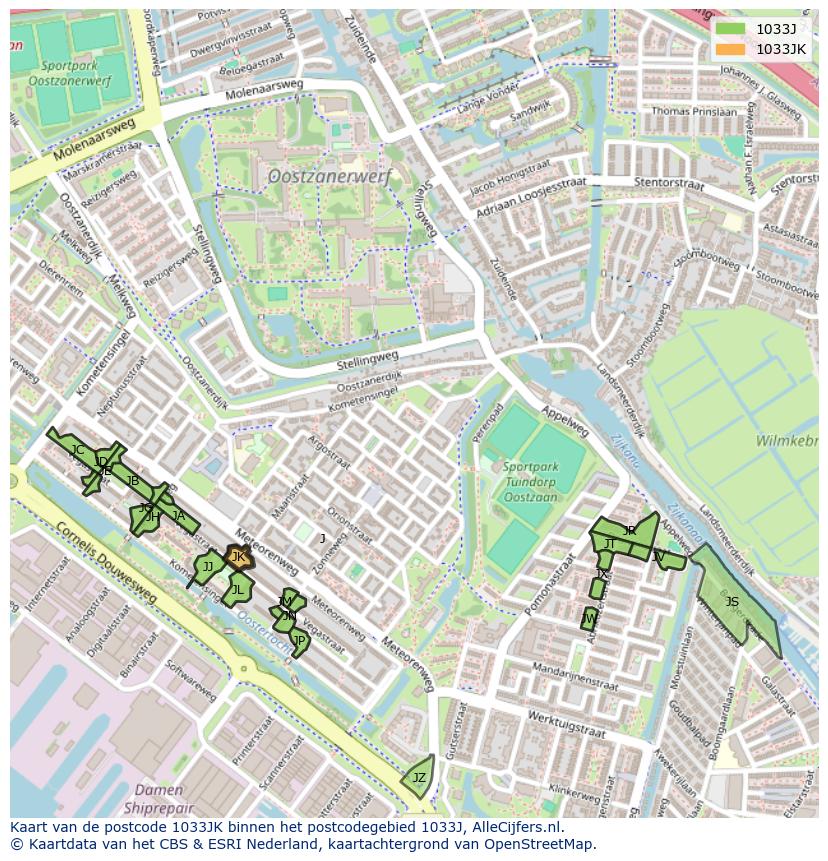 Afbeelding van het postcodegebied 1033 JK op de kaart.