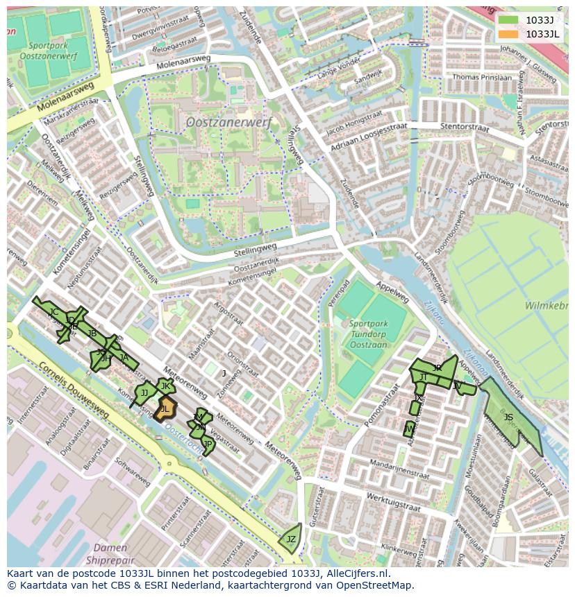 Afbeelding van het postcodegebied 1033 JL op de kaart.