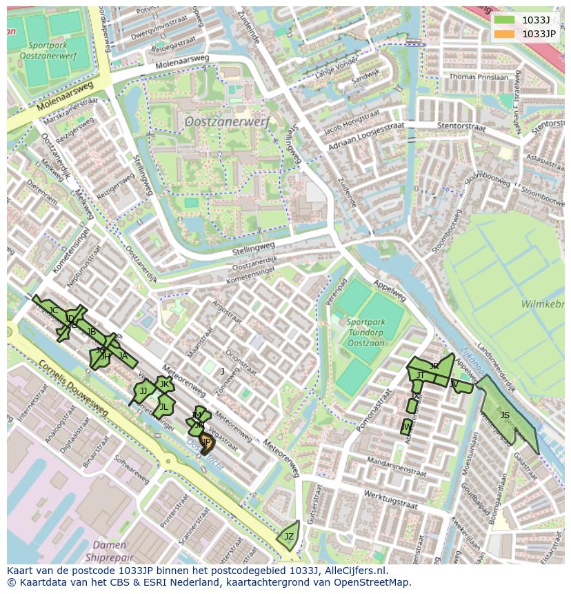 Afbeelding van het postcodegebied 1033 JP op de kaart.