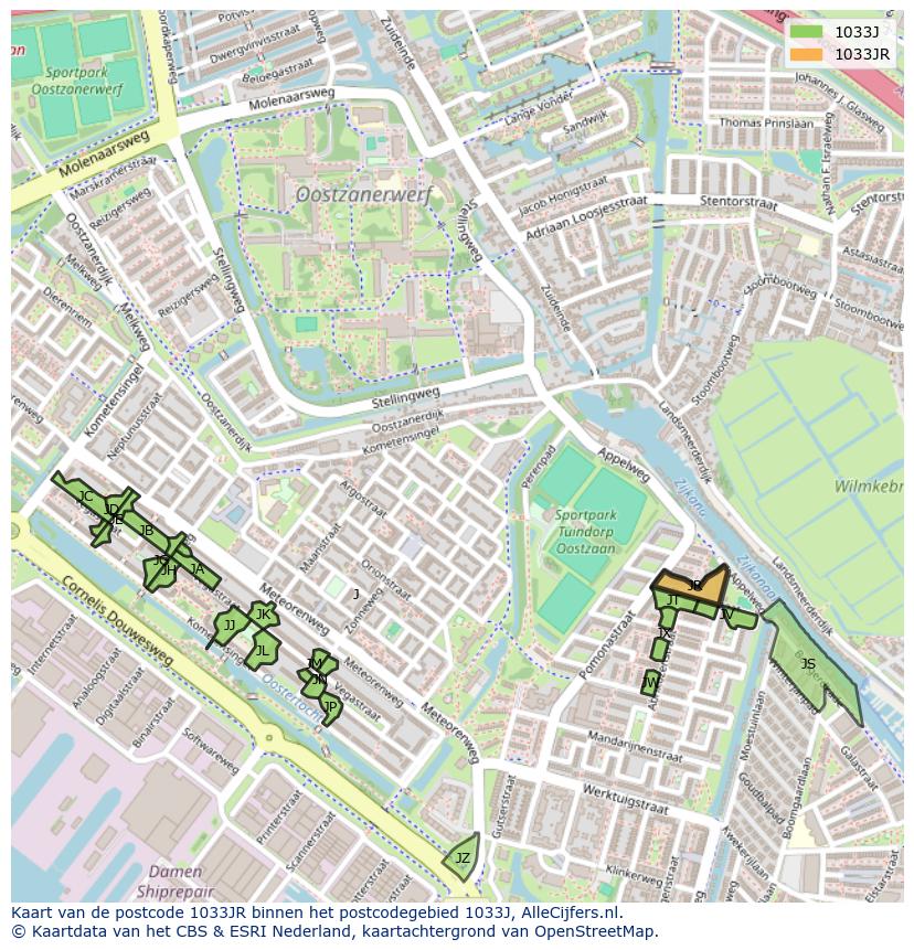 Afbeelding van het postcodegebied 1033 JR op de kaart.