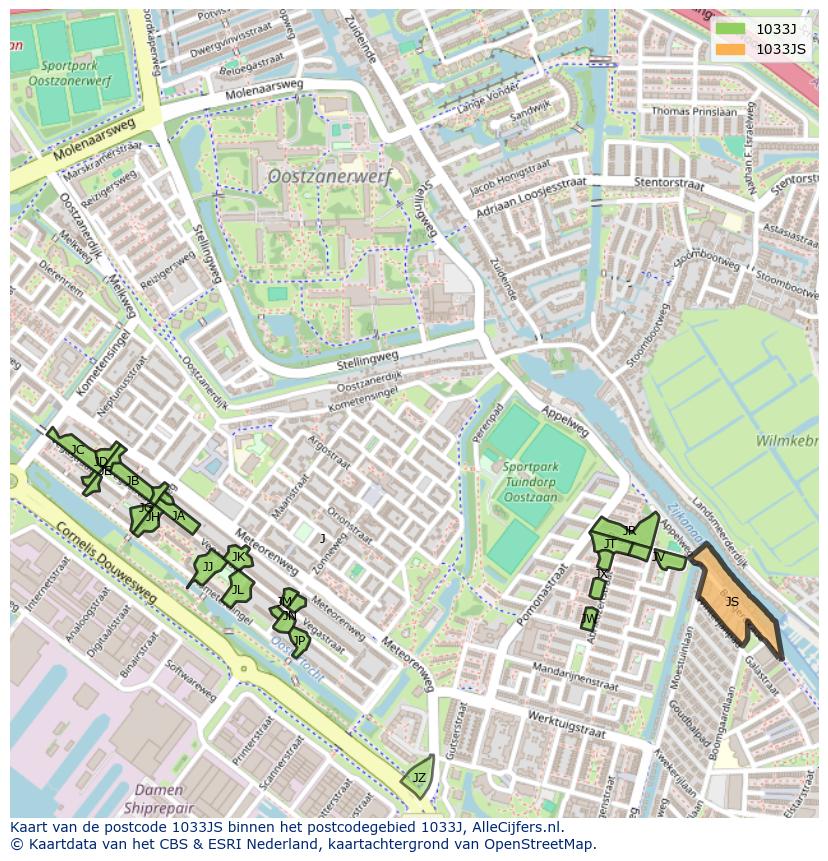 Afbeelding van het postcodegebied 1033 JS op de kaart.