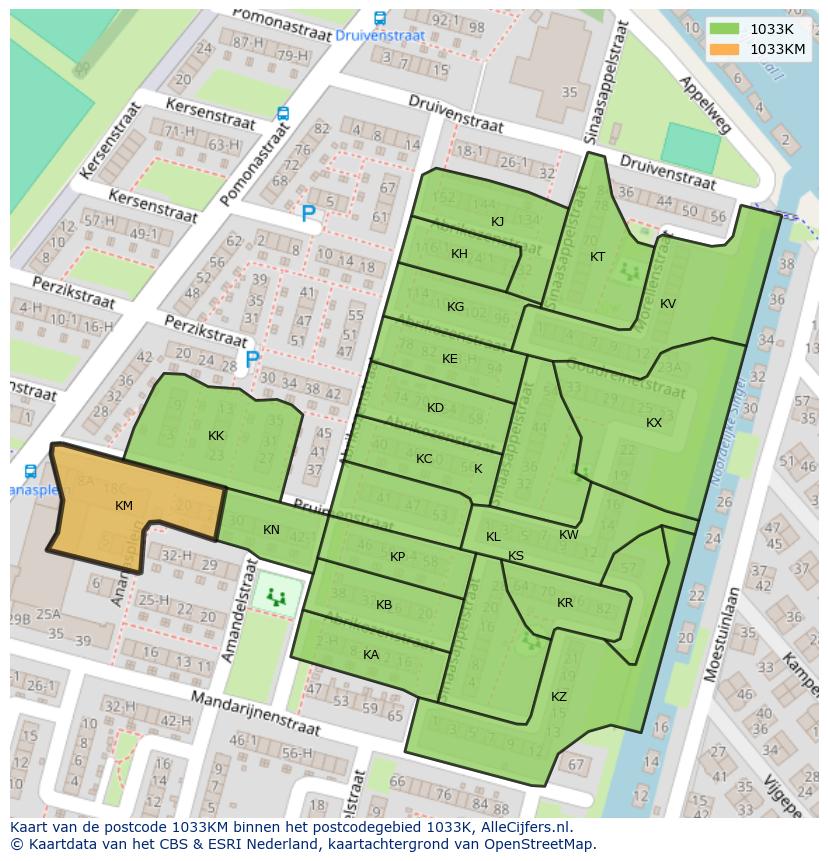 Afbeelding van het postcodegebied 1033 KM op de kaart.