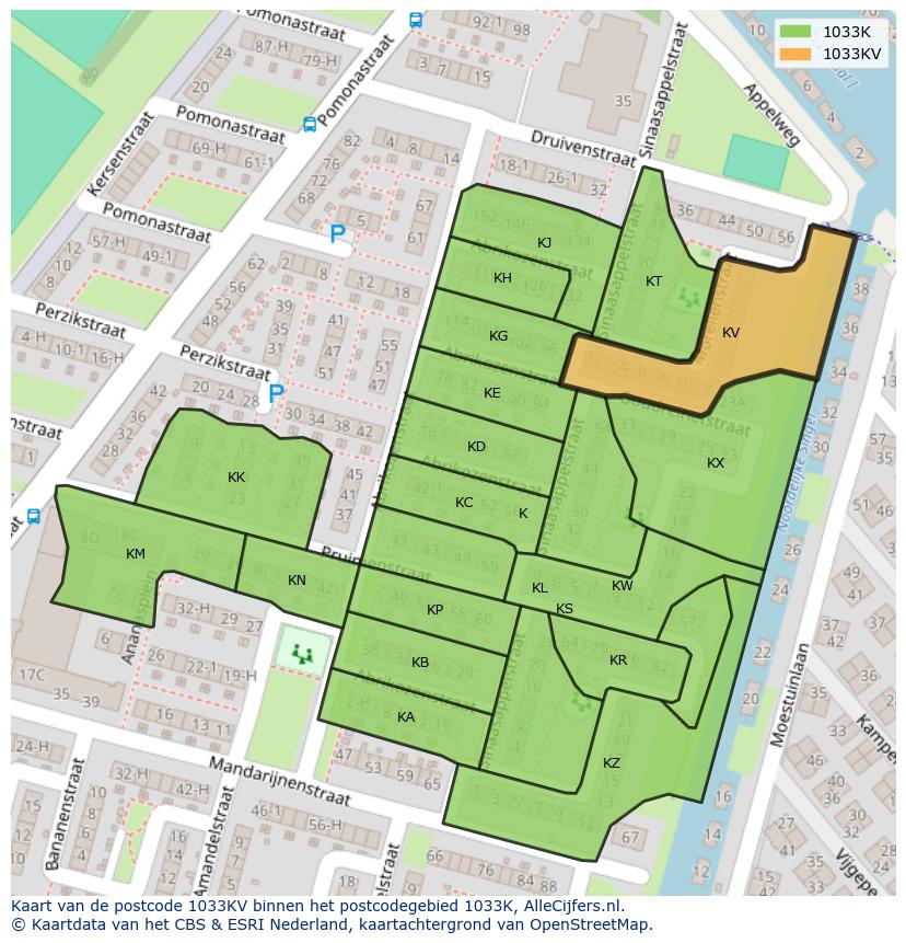 Afbeelding van het postcodegebied 1033 KV op de kaart.