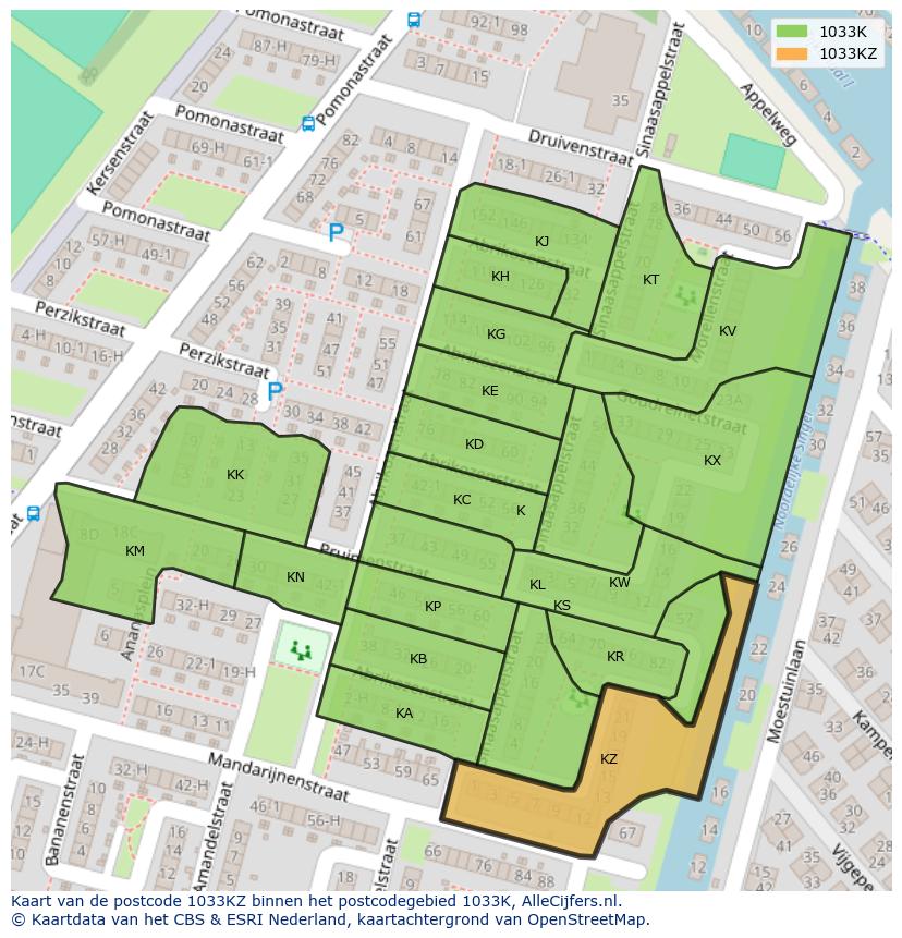 Afbeelding van het postcodegebied 1033 KZ op de kaart.