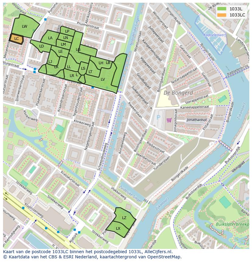 Afbeelding van het postcodegebied 1033 LC op de kaart.