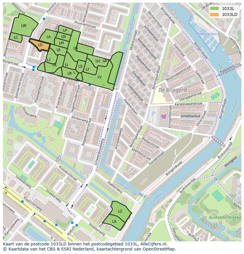 Afbeelding van het postcodegebied 1033 LD op de kaart.