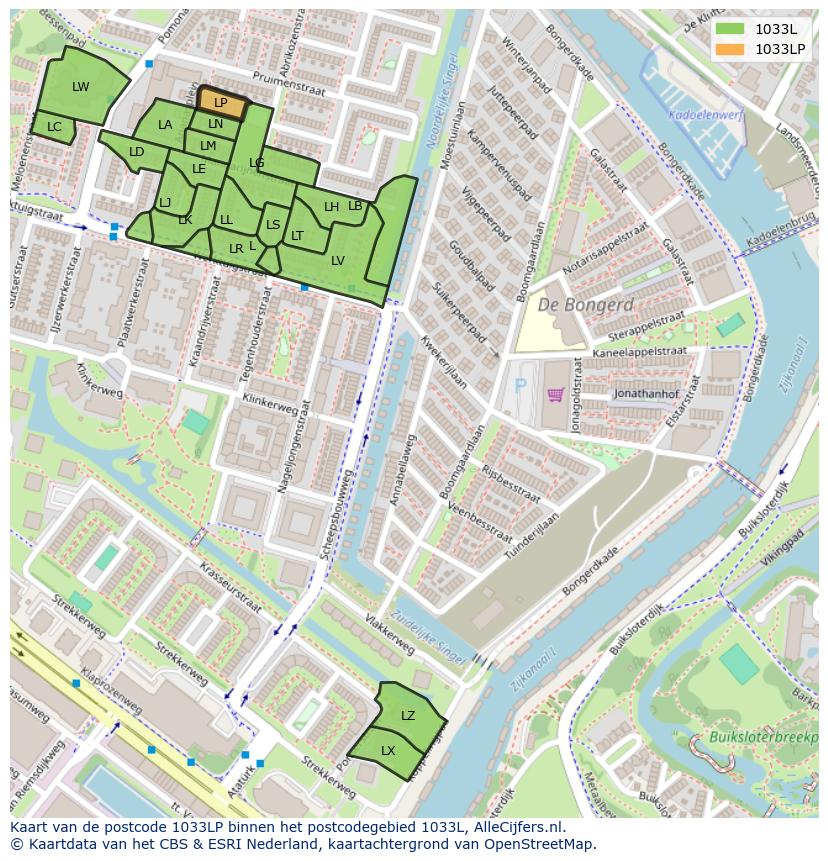 Afbeelding van het postcodegebied 1033 LP op de kaart.