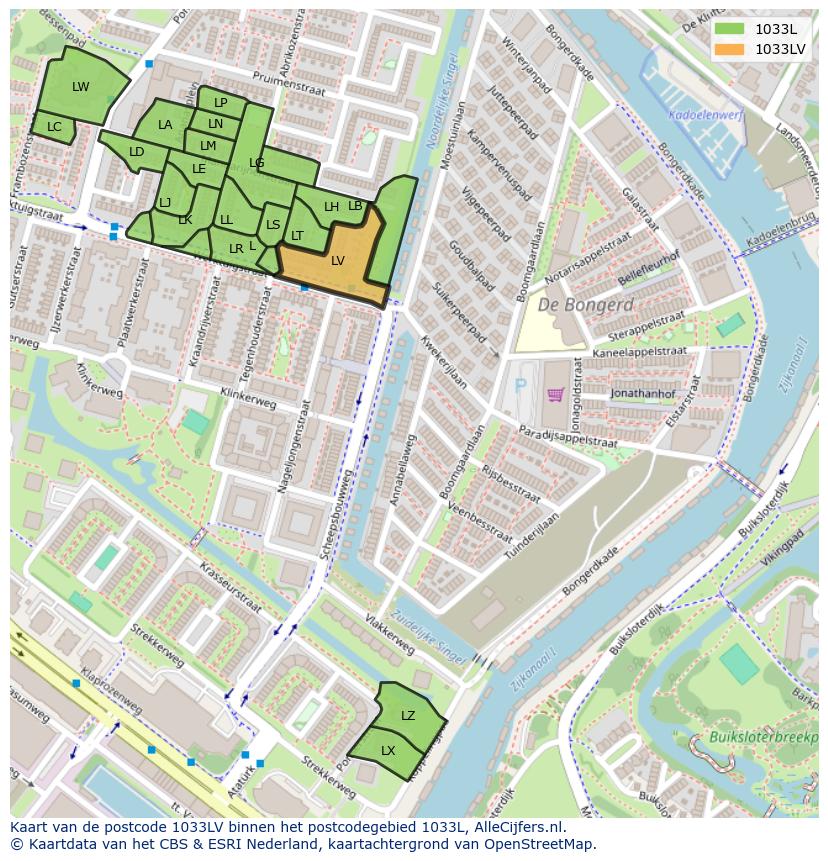 Afbeelding van het postcodegebied 1033 LV op de kaart.