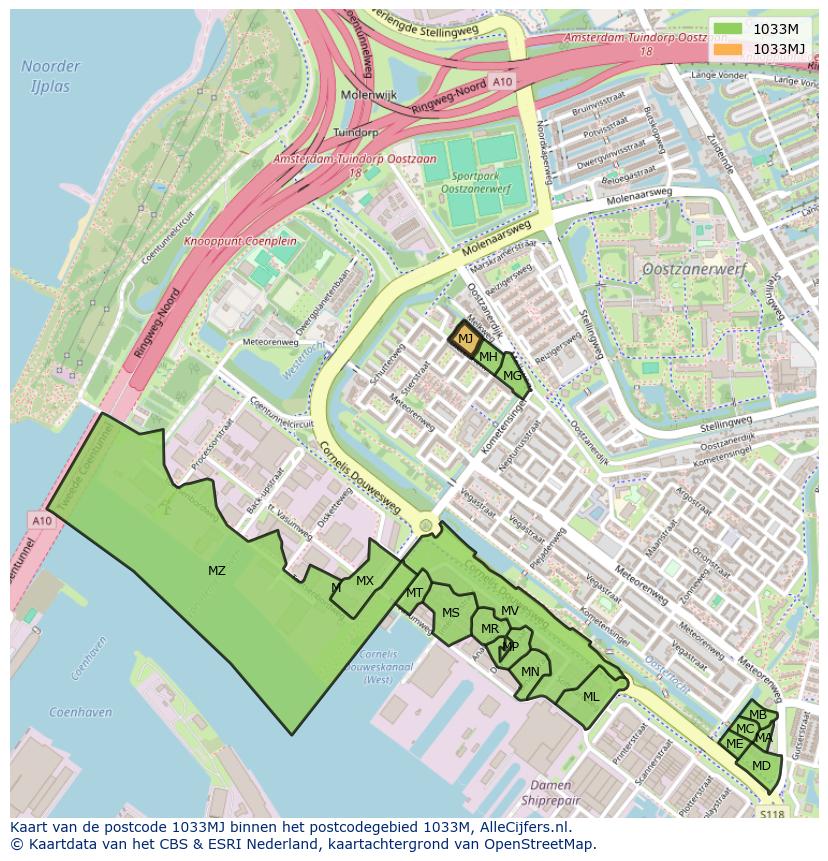 Afbeelding van het postcodegebied 1033 MJ op de kaart.