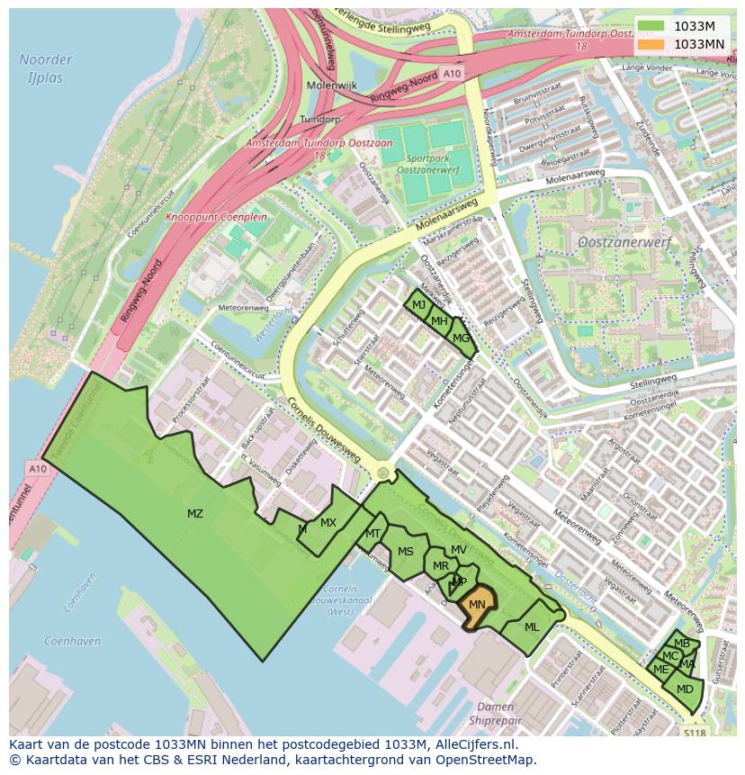 Afbeelding van het postcodegebied 1033 MN op de kaart.