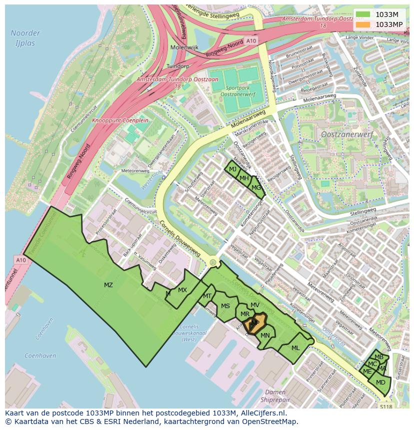 Afbeelding van het postcodegebied 1033 MP op de kaart.